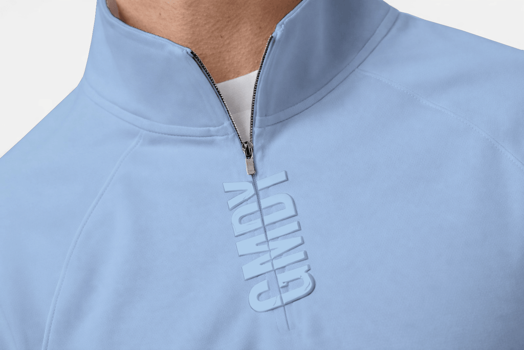 Men's light blue quarter zip pullover zipper detail closeup - GMDY premium everyday menswear quality