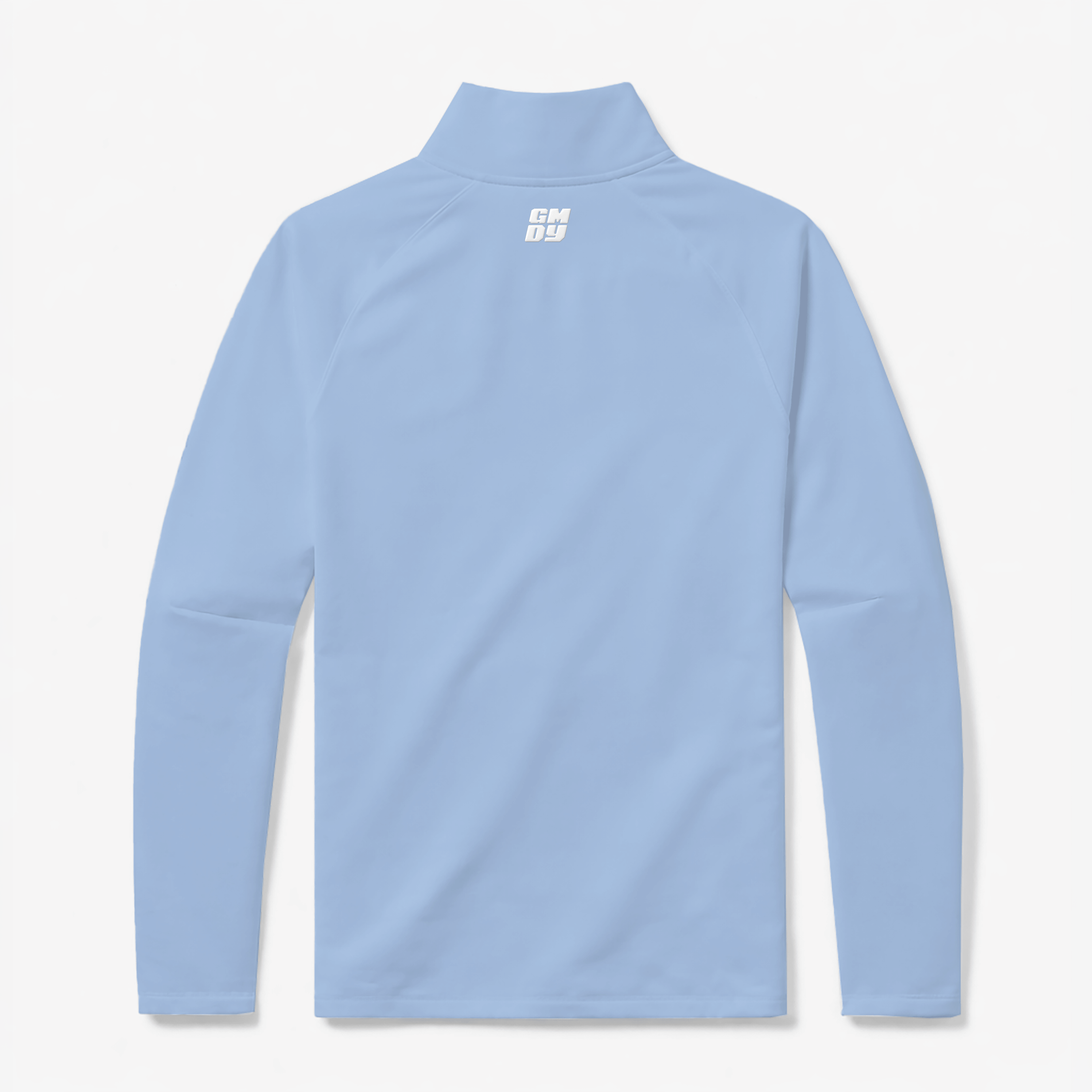 Men's light blue quarter zip pullover back view showing GMDY logo - premium everyday menswear by GMDY