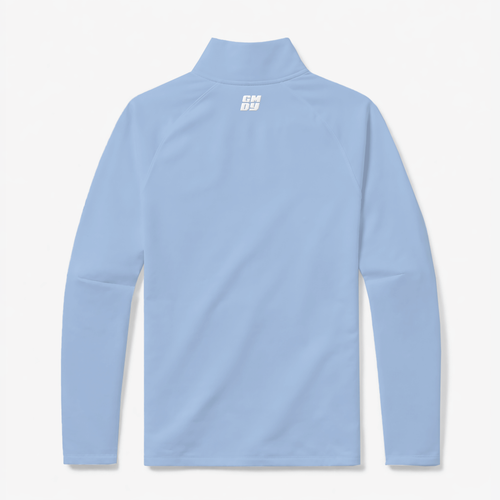 Men's light blue quarter zip pullover back view showing GMDY logo - premium everyday menswear by GMDY