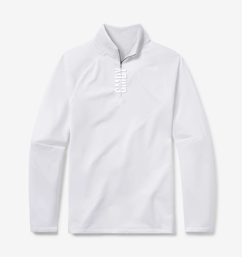Men's white quarter zip pullover - front view - GMDY premium everyday collection