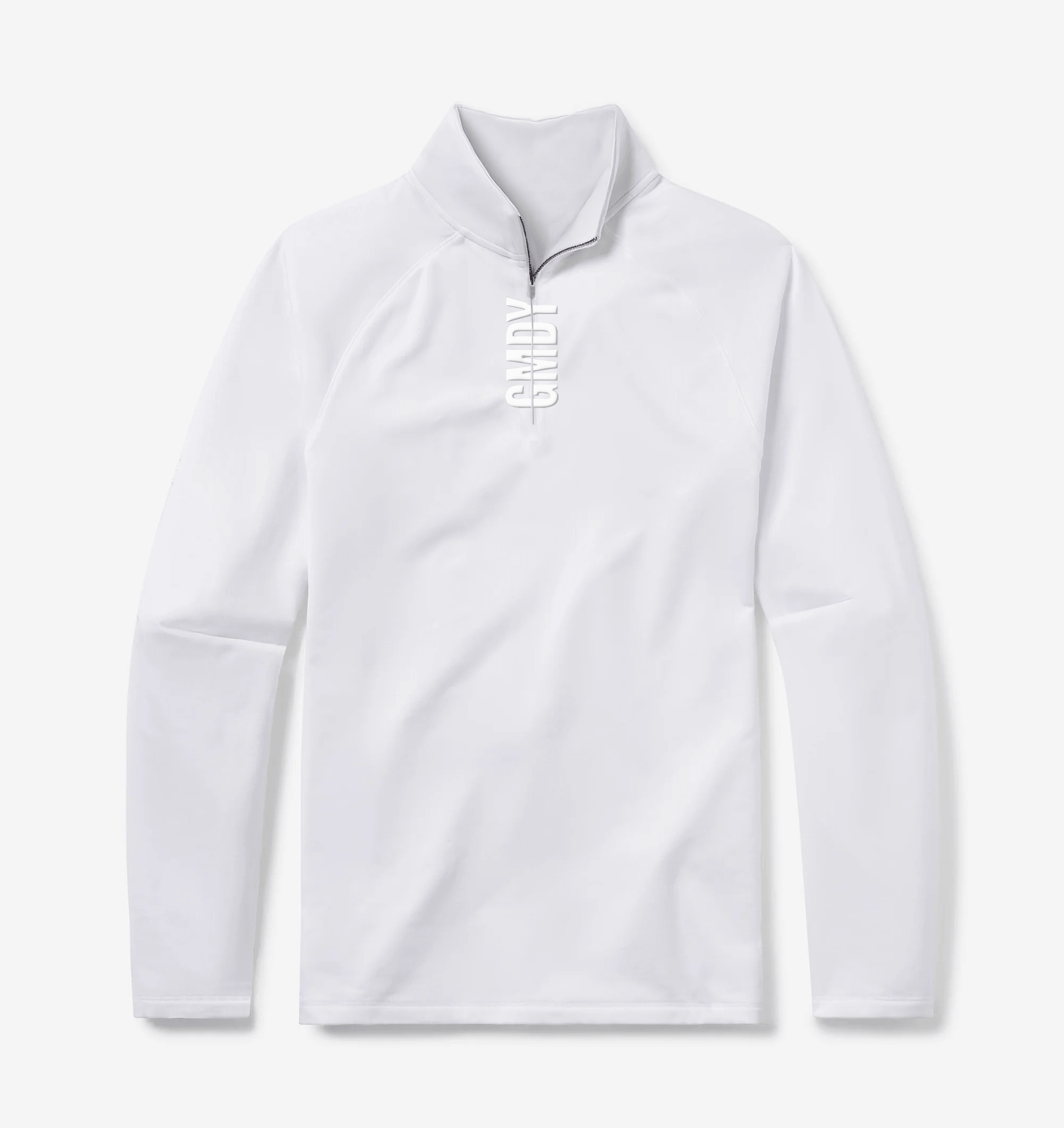 Men's white quarter zip pullover - front view - GMDY premium everyday collection
