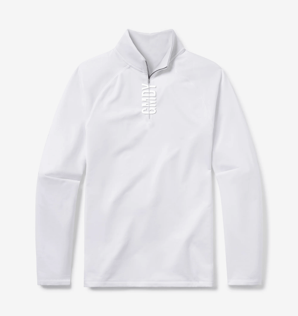 Men's white quarter zip pullover - front view - GMDY premium everyday collection