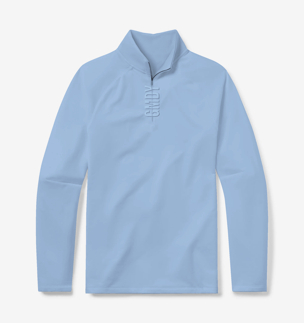 Men's light blue quarter zip pullover - front view - GMDY premium everyday collection