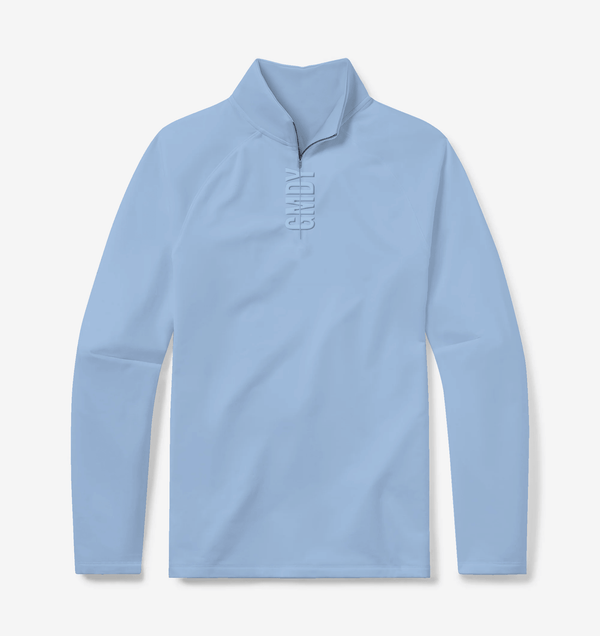 Men's light blue quarter zip pullover - front view - GMDY premium everyday collection