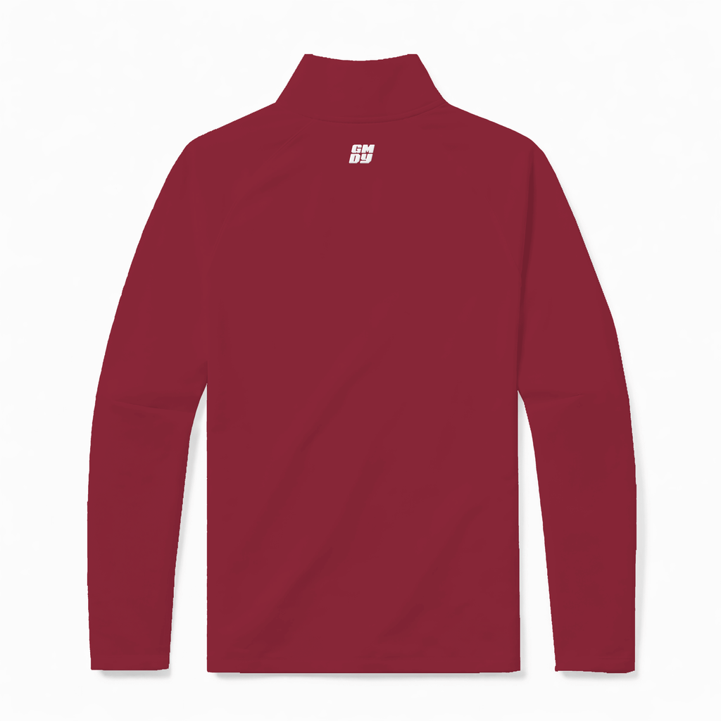 Men's red quarter zip pullover back view showing GMDY logo - premium everyday menswear by GMDY