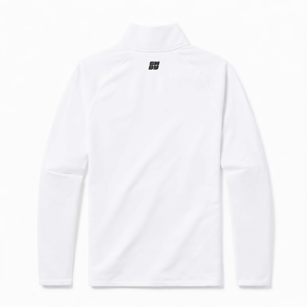 Men's white quarter zip pullover back view showing GMDY logo - premium everyday menswear by GMDY