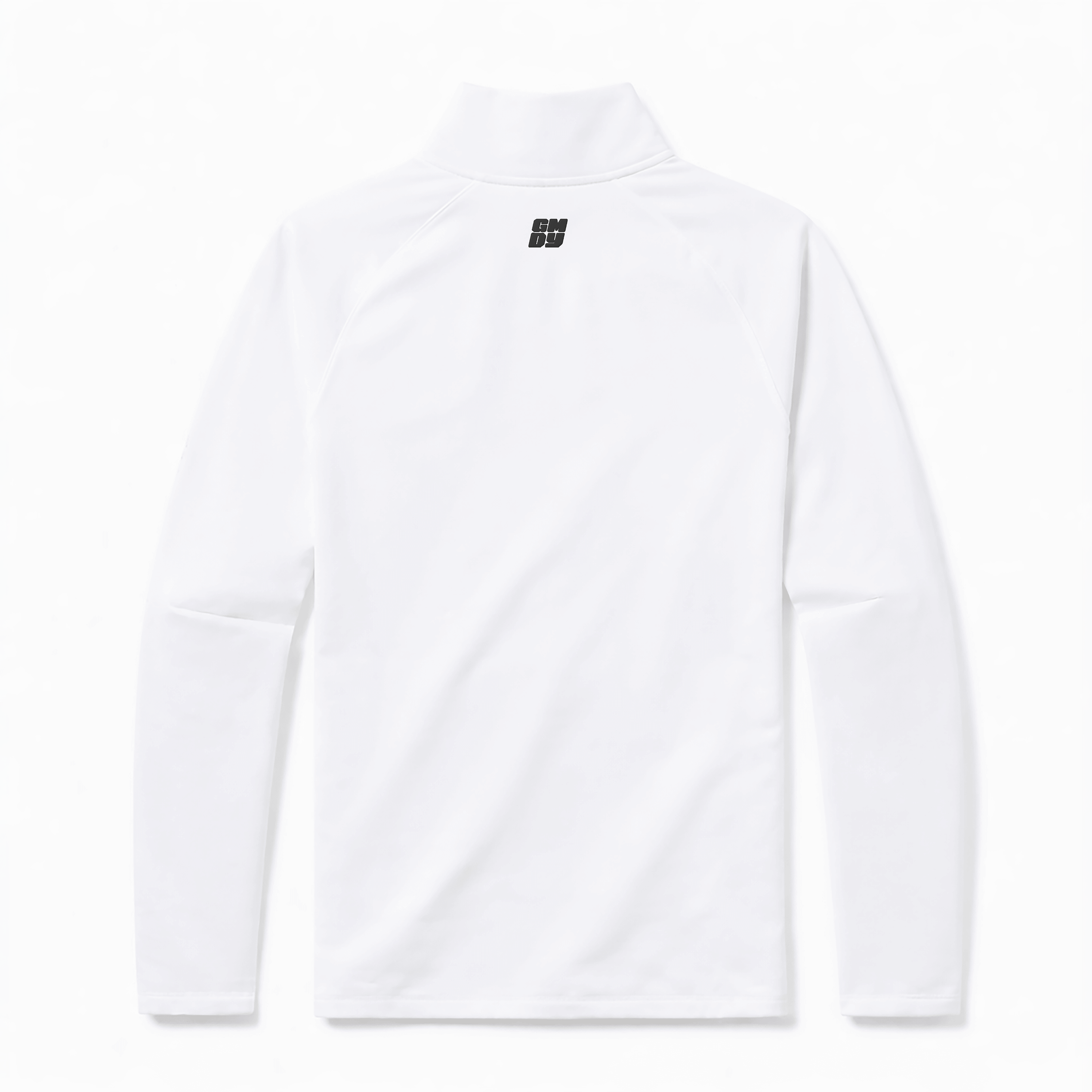 Men's white quarter zip pullover back view showing GMDY logo - premium everyday menswear by GMDY