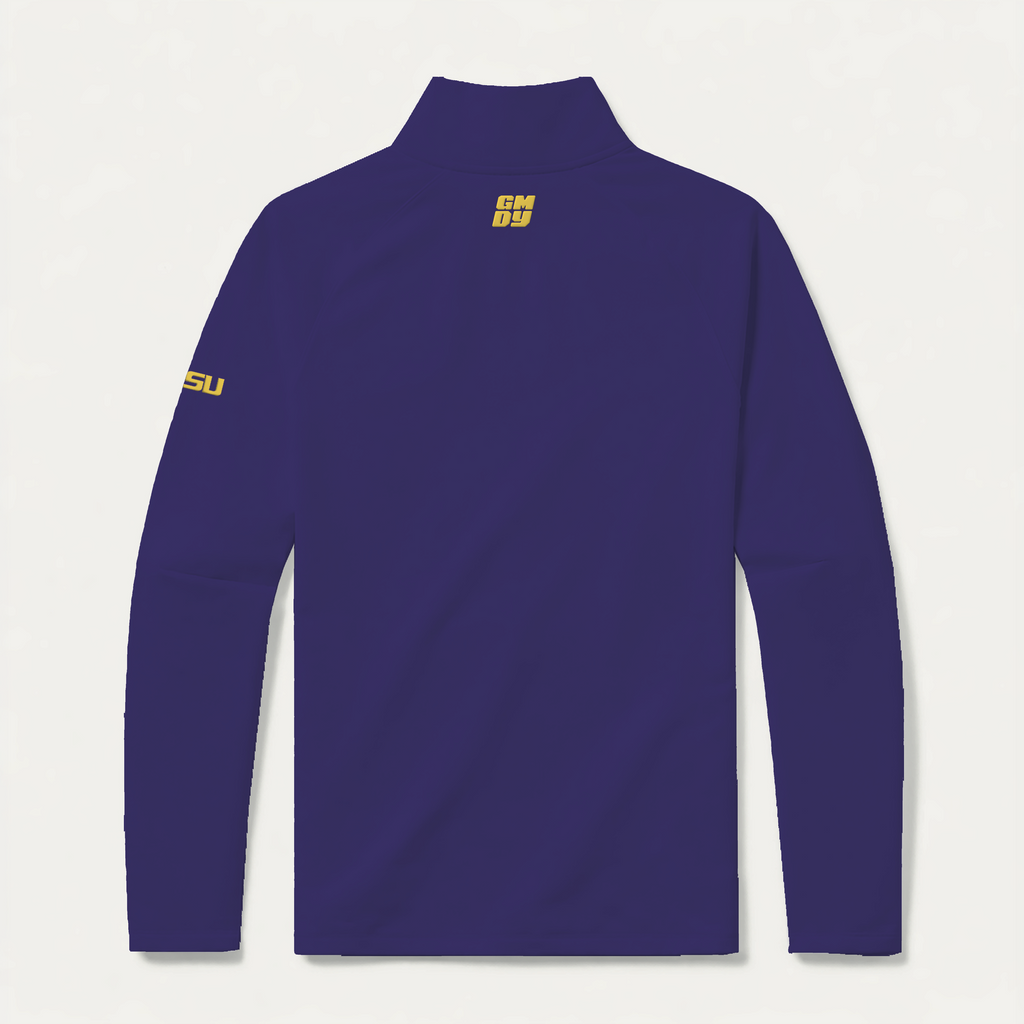LSU Tigers purple quarter zip with gold Tigers lettering by GMDY back view