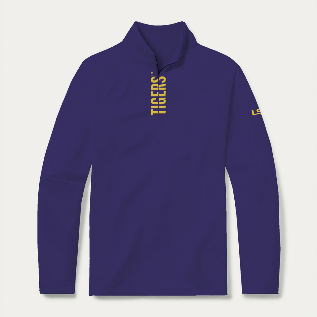 LSU quarter zip pullover in purple with gold Tigers lettering - front view - GMDY collegiate apparel