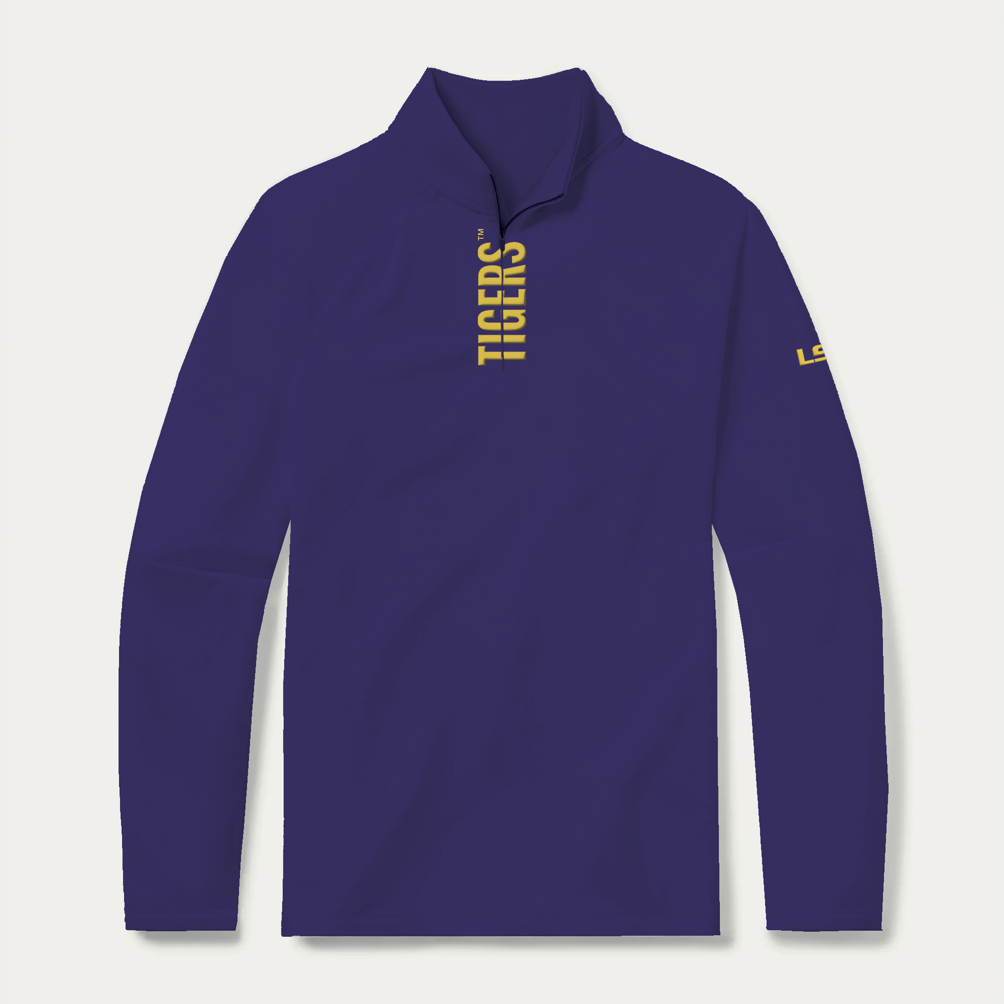 LSU quarter zip pullover in purple with gold Tigers lettering - front view - GMDY collegiate apparel