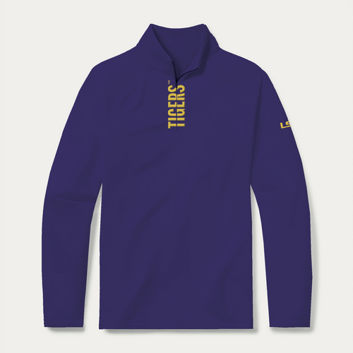 LSU quarter zip pullover in purple with gold Tigers lettering - front view - GMDY collegiate apparel