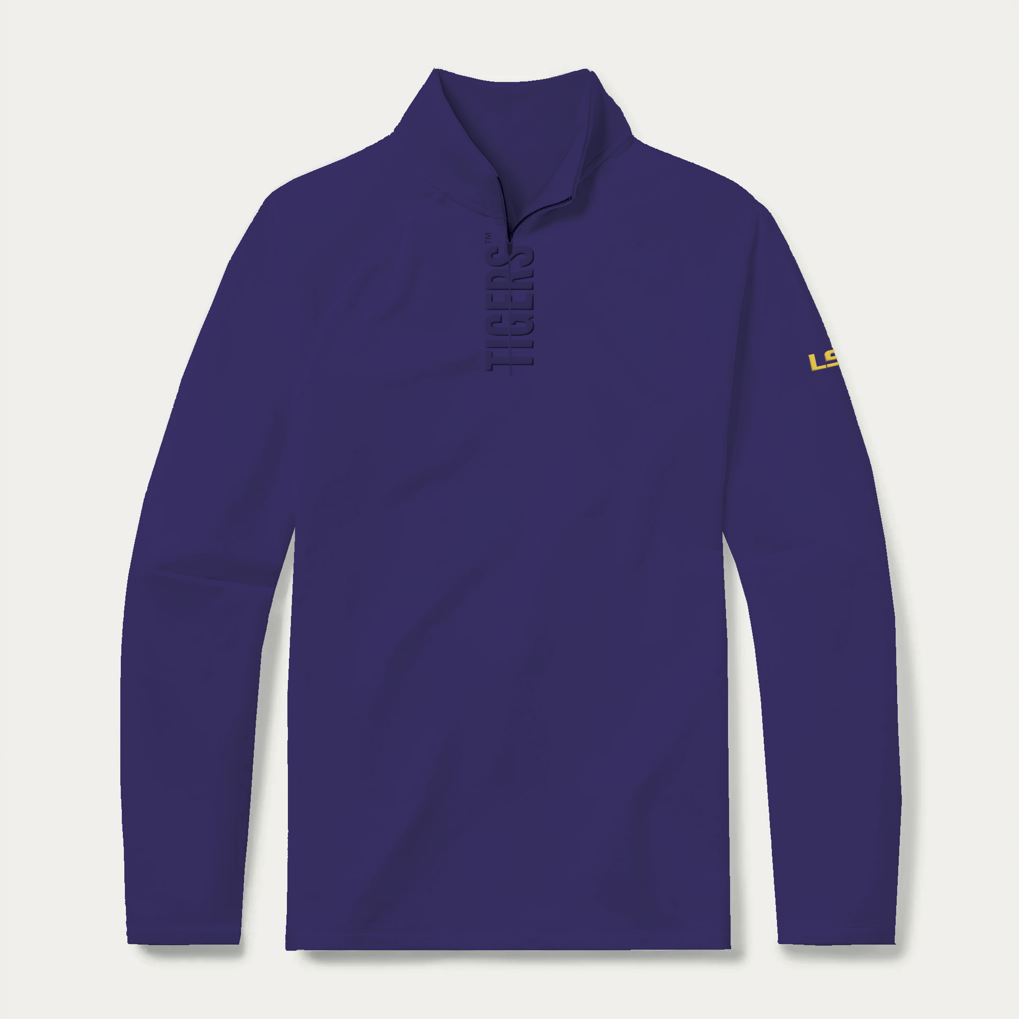 LSU quarter zip in purple with tonal Tigers lettering - premium men's pullover front view by GMDY