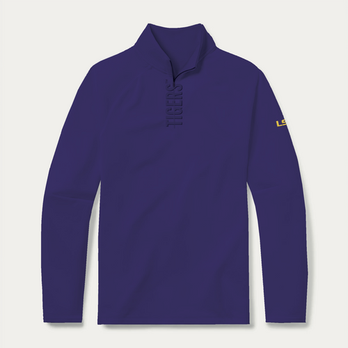 LSU quarter zip in purple with tonal Tigers lettering - premium men's pullover front view by GMDY
