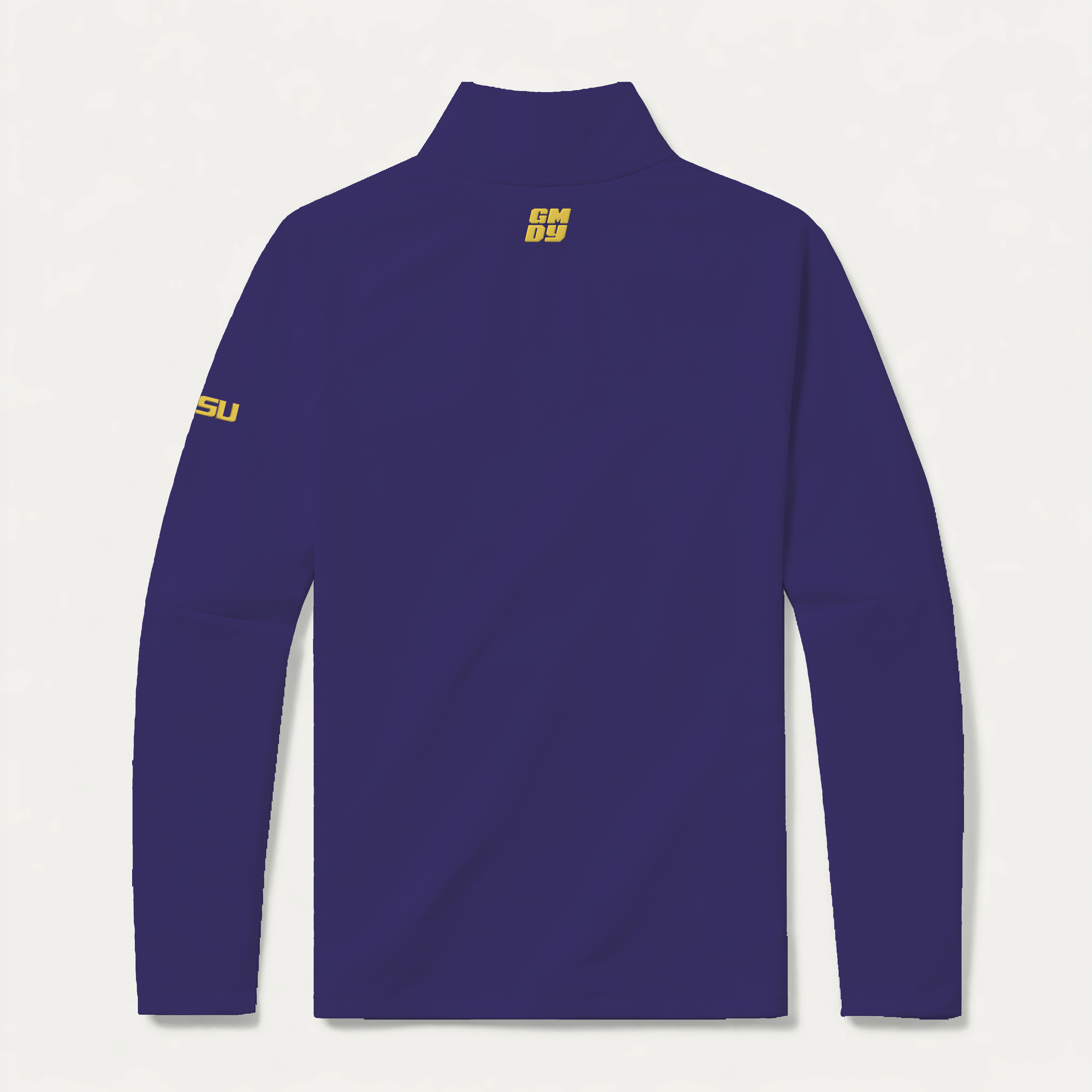LSU quarter zip back view showing GMDY logo and gold LSU sleeve detail - purple collegiate pullover