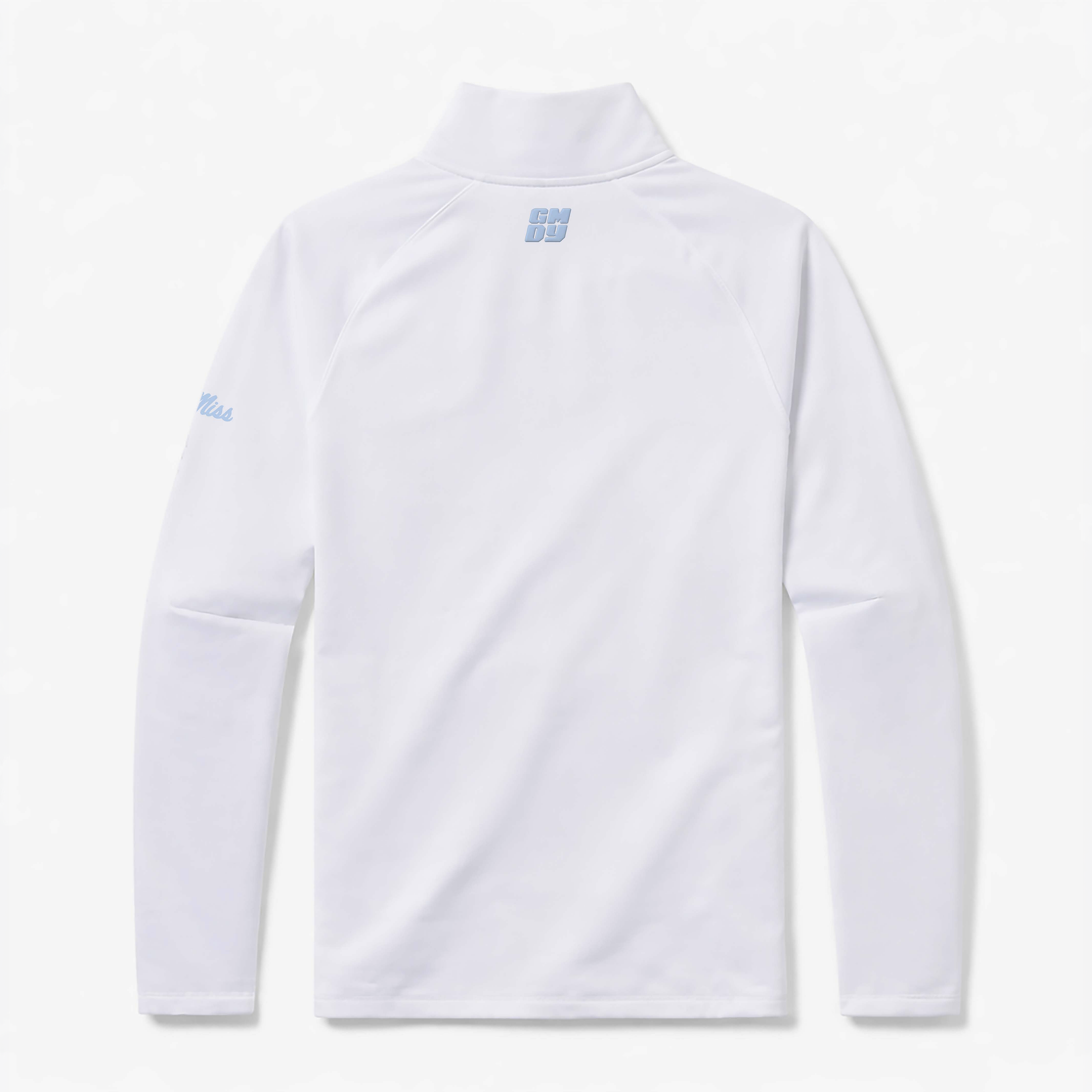 Ole Miss quarter zip back view in white showing GMDY logo - premium collegiate pullover