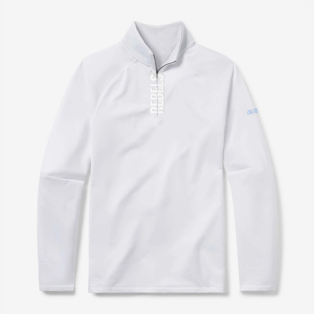 Ole Miss Rebels quarter zip in white with white Rebels lettering - front view - GMDY collegiate pullover