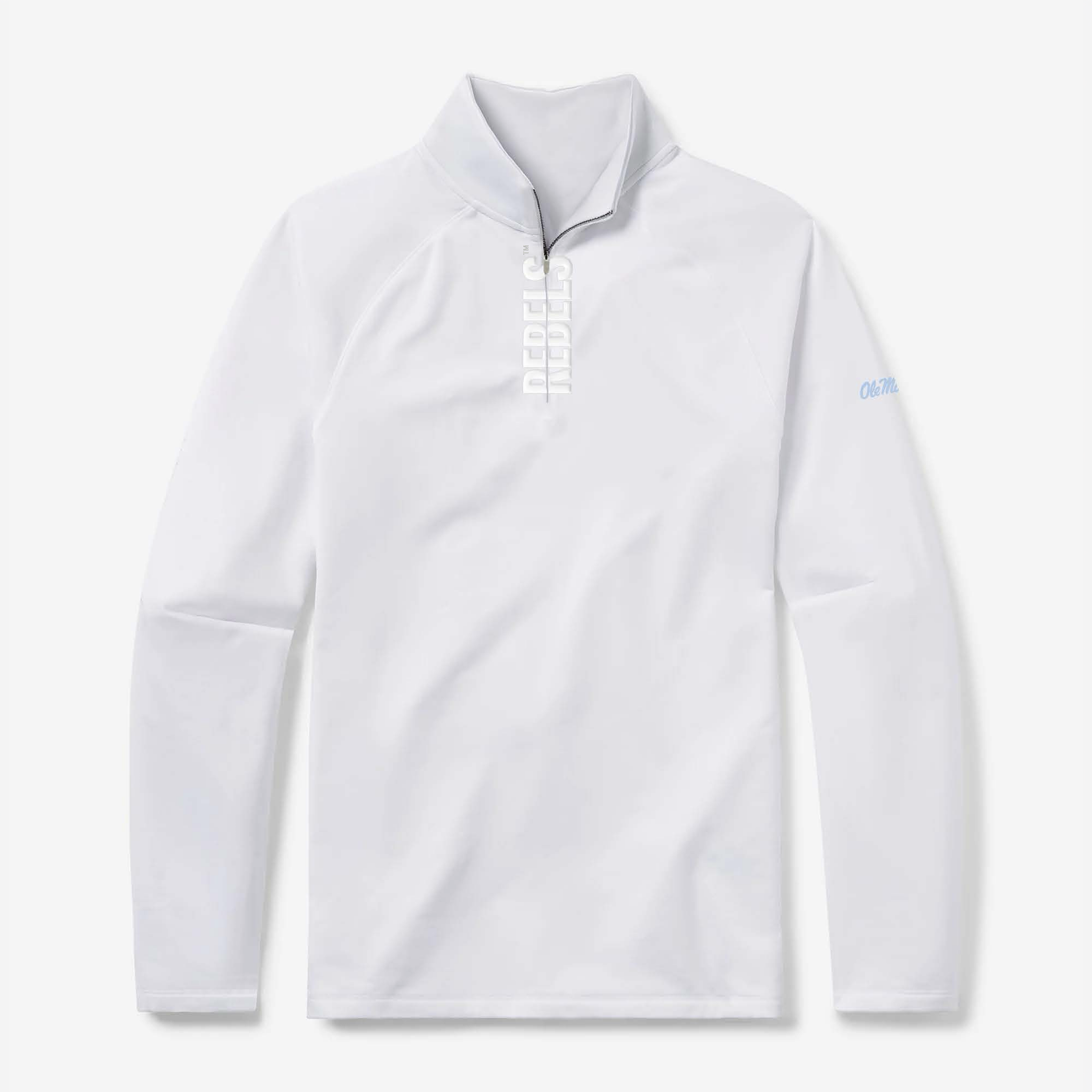 Ole Miss Rebels quarter zip in white with white Rebels lettering - front view - GMDY collegiate pullover