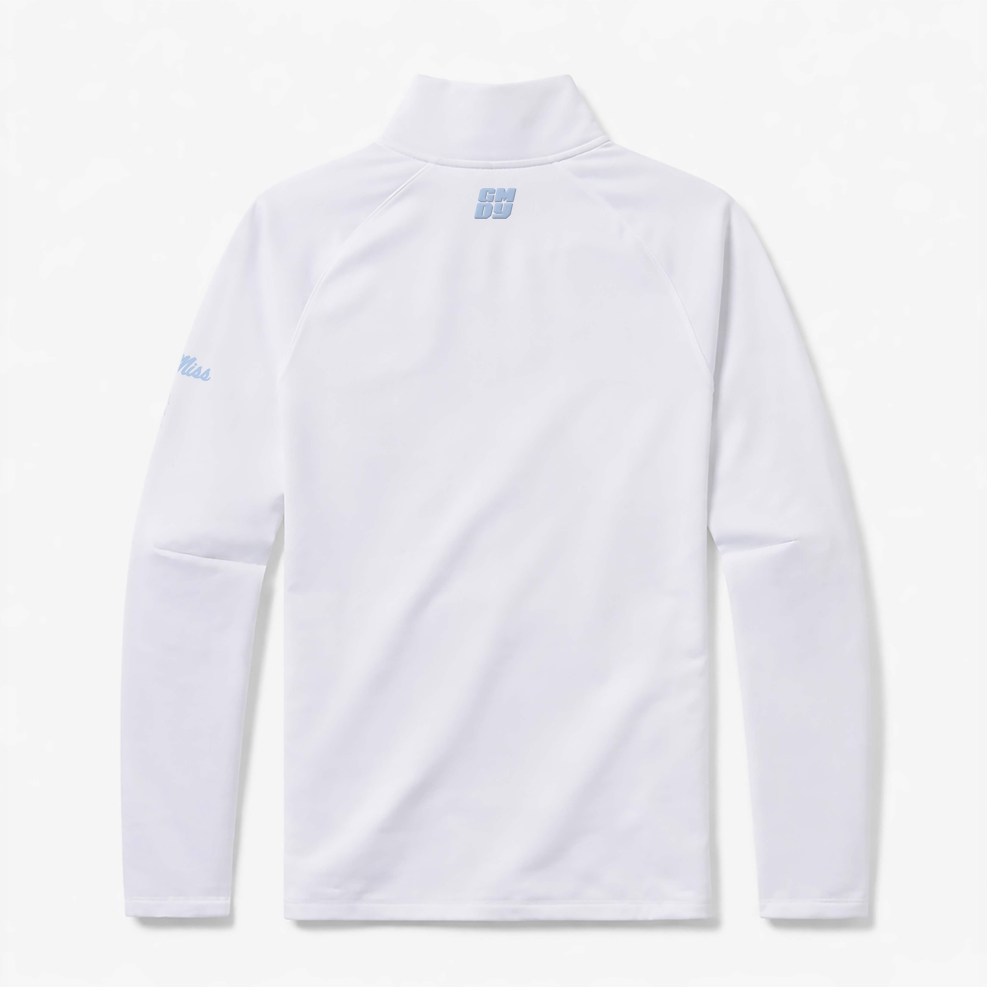 Ole Miss quarter zip back view with GMDY logo - white pullover with light blue Rebels branding by GMDY