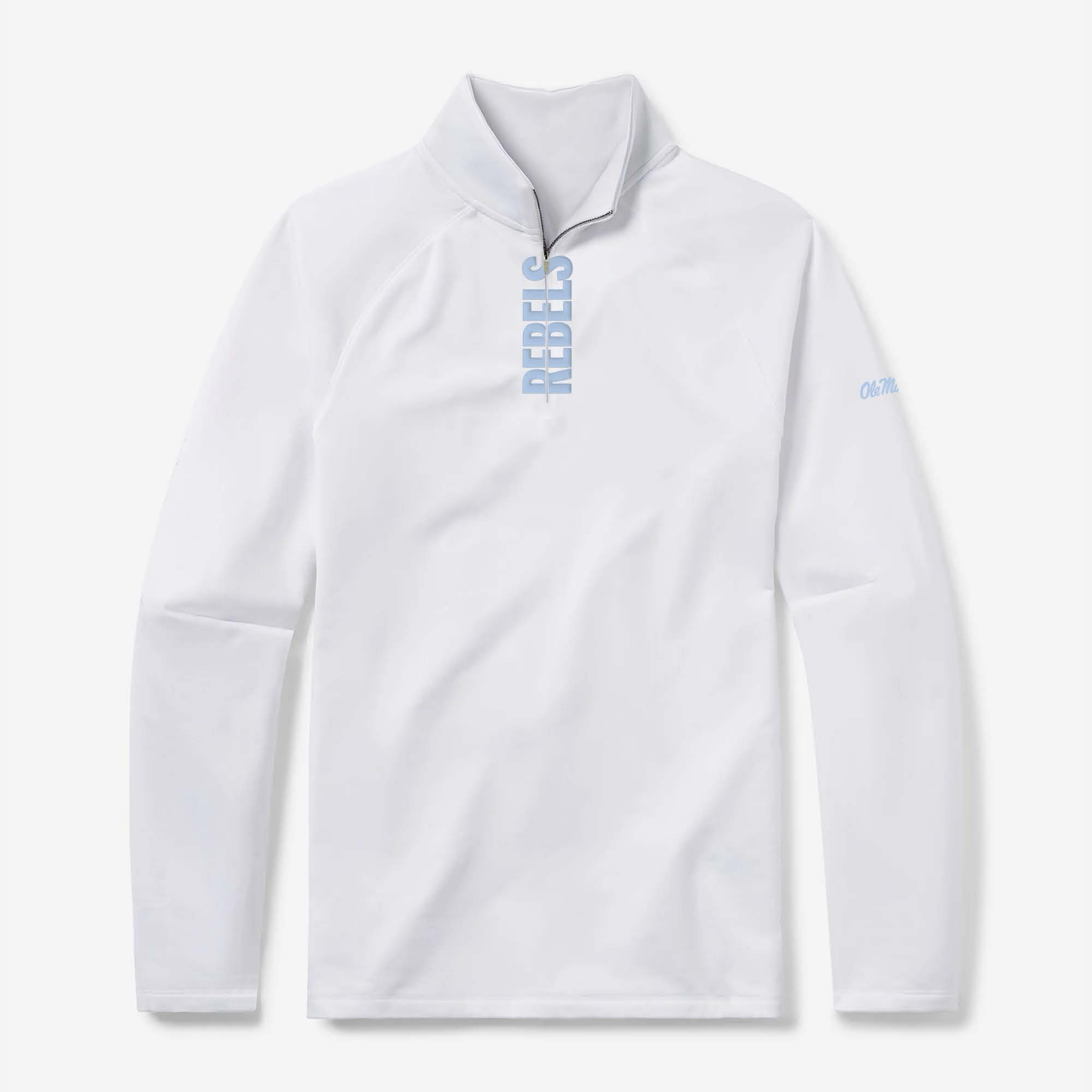 Ole Miss quarter zip in white with light blue Rebels lettering - front view - GMDY collegiate pullover