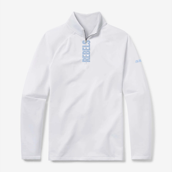 Ole Miss quarter zip in white with light blue Rebels lettering - front view - GMDY collegiate pullover