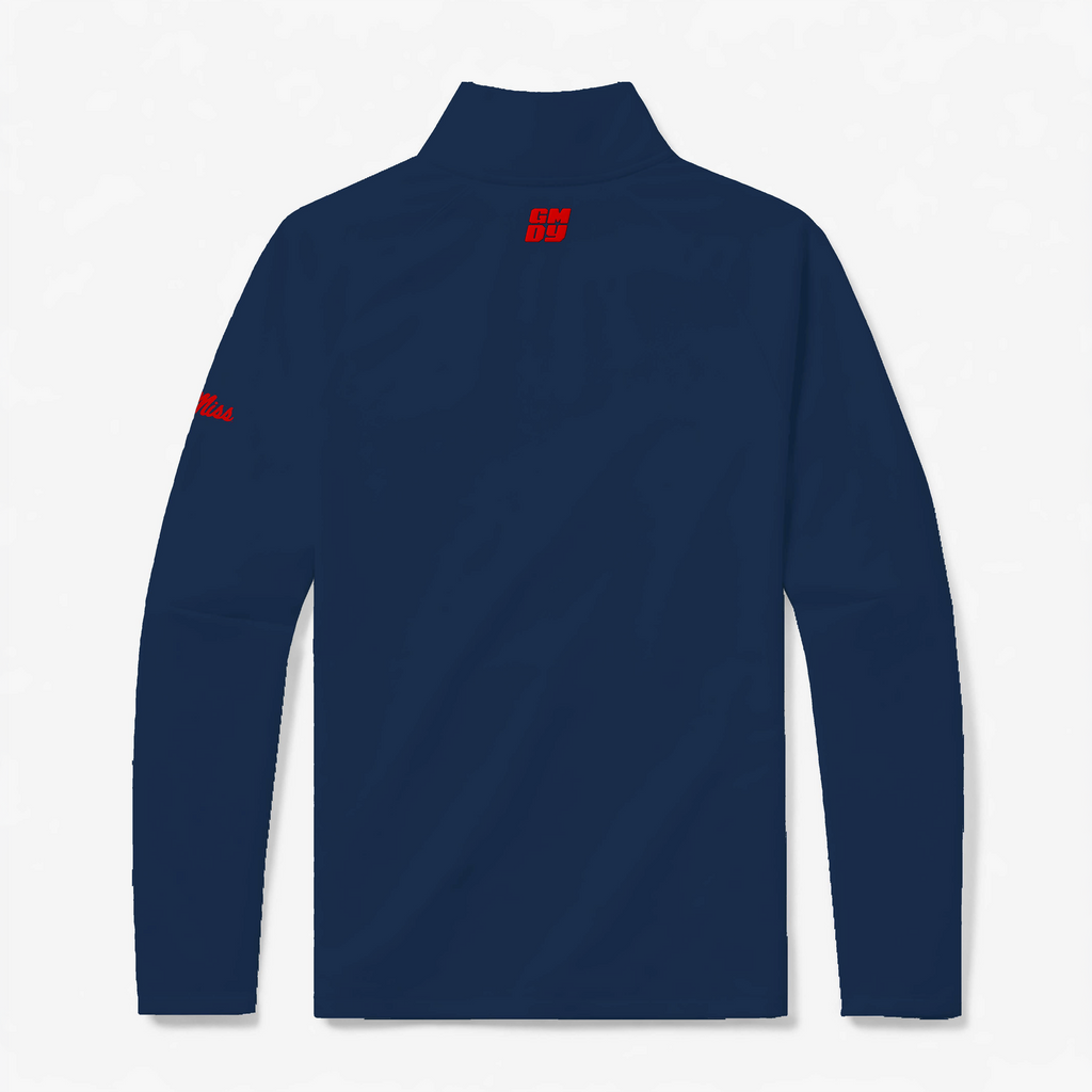 Ole Miss quarter zip back view showing GMDY logo - navy collegiate pullover with red Rebels detail by GMDY