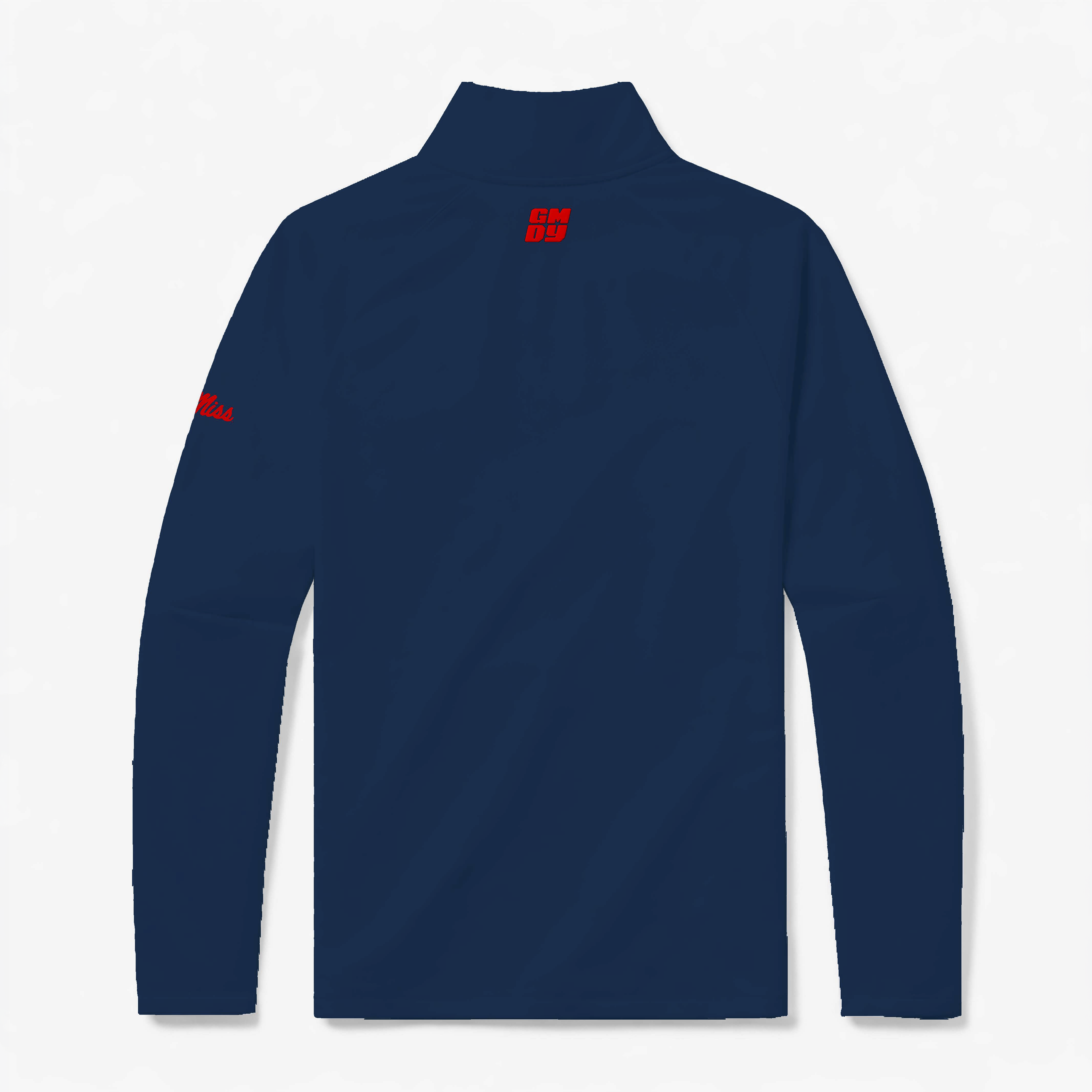 Ole Miss quarter zip back view showing GMDY logo - navy collegiate pullover with red Rebels detail by GMDY