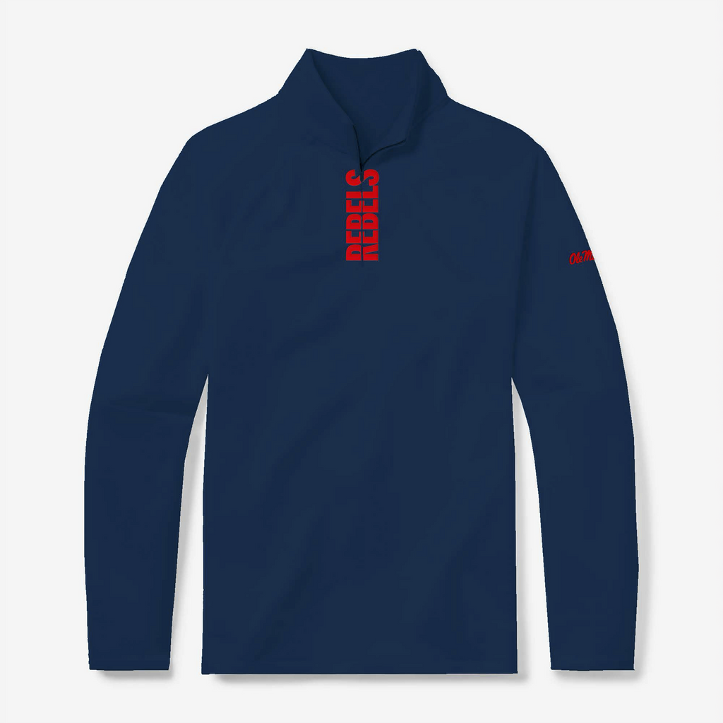 Ole Miss quarter zip pullover in navy with red Rebels lettering - front view - GMDY collegiate apparel