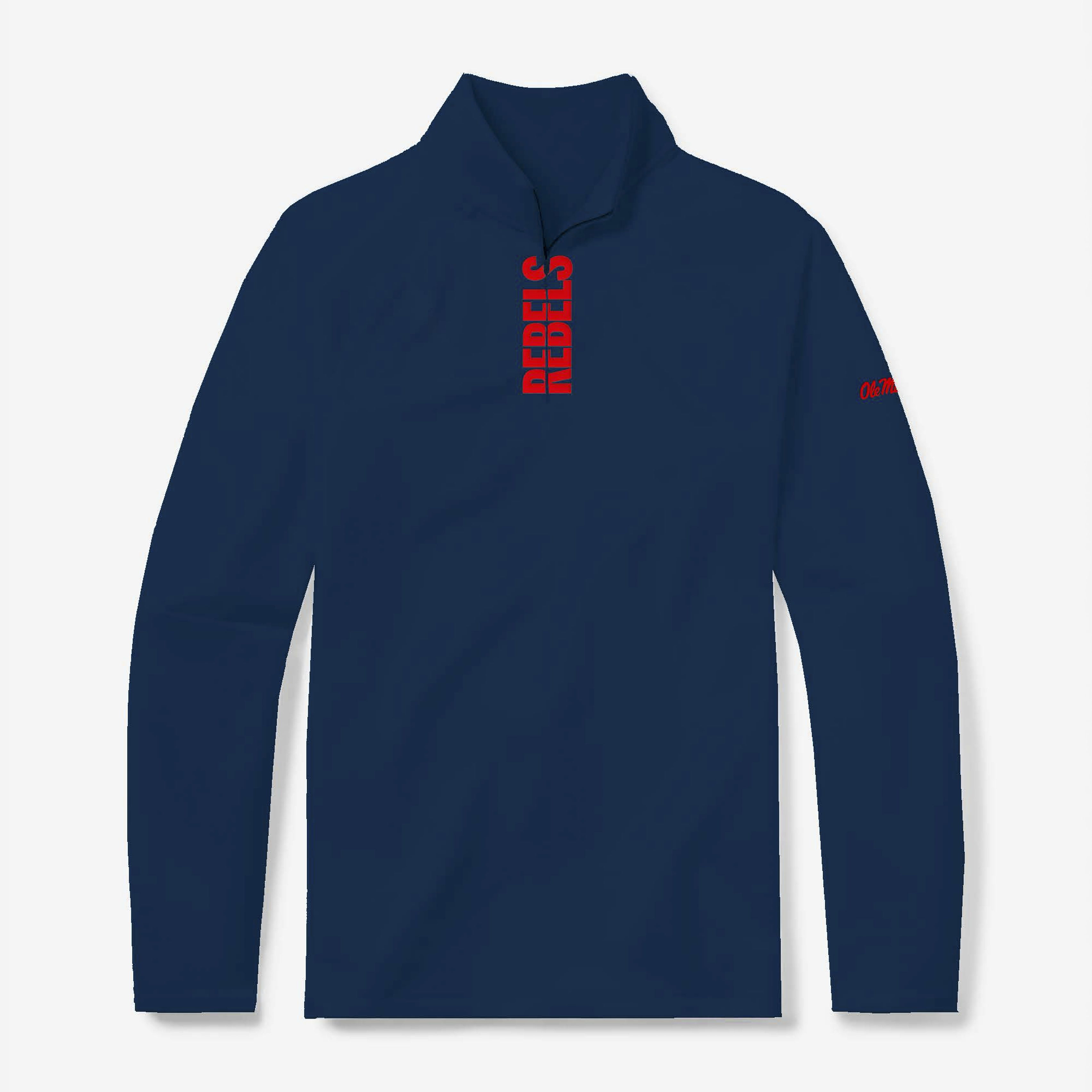 Ole Miss quarter zip pullover in navy with red Rebels lettering - front view - GMDY collegiate apparel