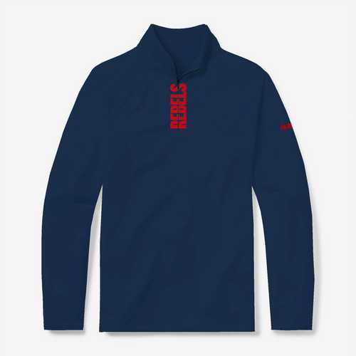 Ole Miss quarter zip pullover in navy with red Rebels lettering - front view - GMDY collegiate apparel