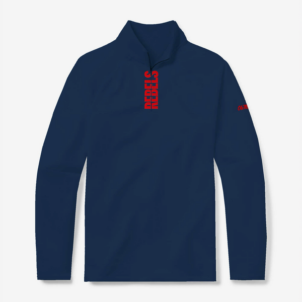 Ole Miss quarter zip pullover in navy with red Rebels lettering - front view - GMDY collegiate apparel