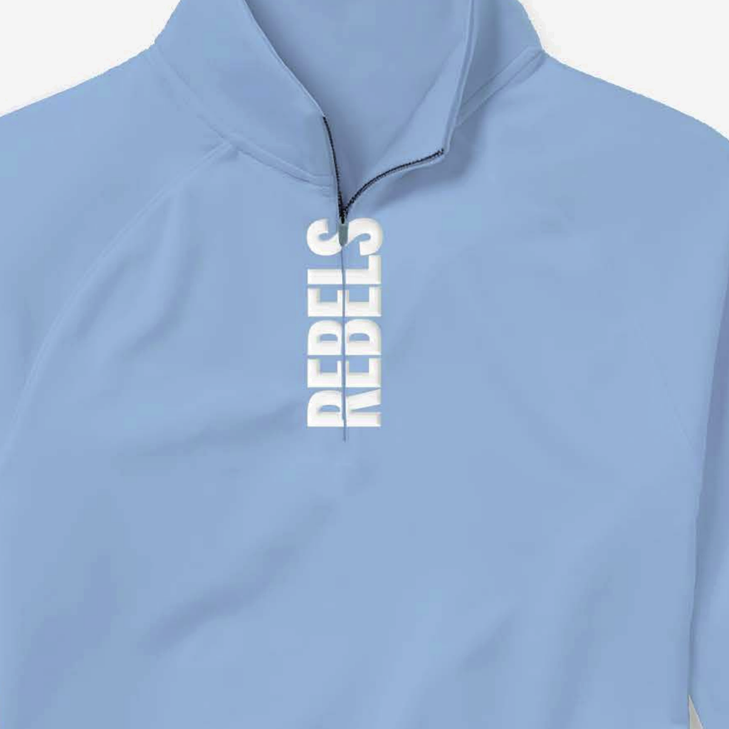 Close-up of the white Rebels lettering on the powder blue quarter zip collar