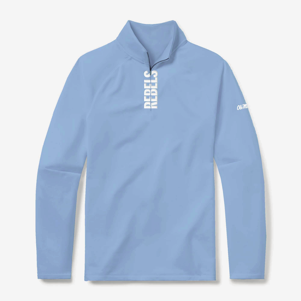 Ole Miss Rebels powder blue quarter zip pullover, front, with white Rebels lettering down the zip