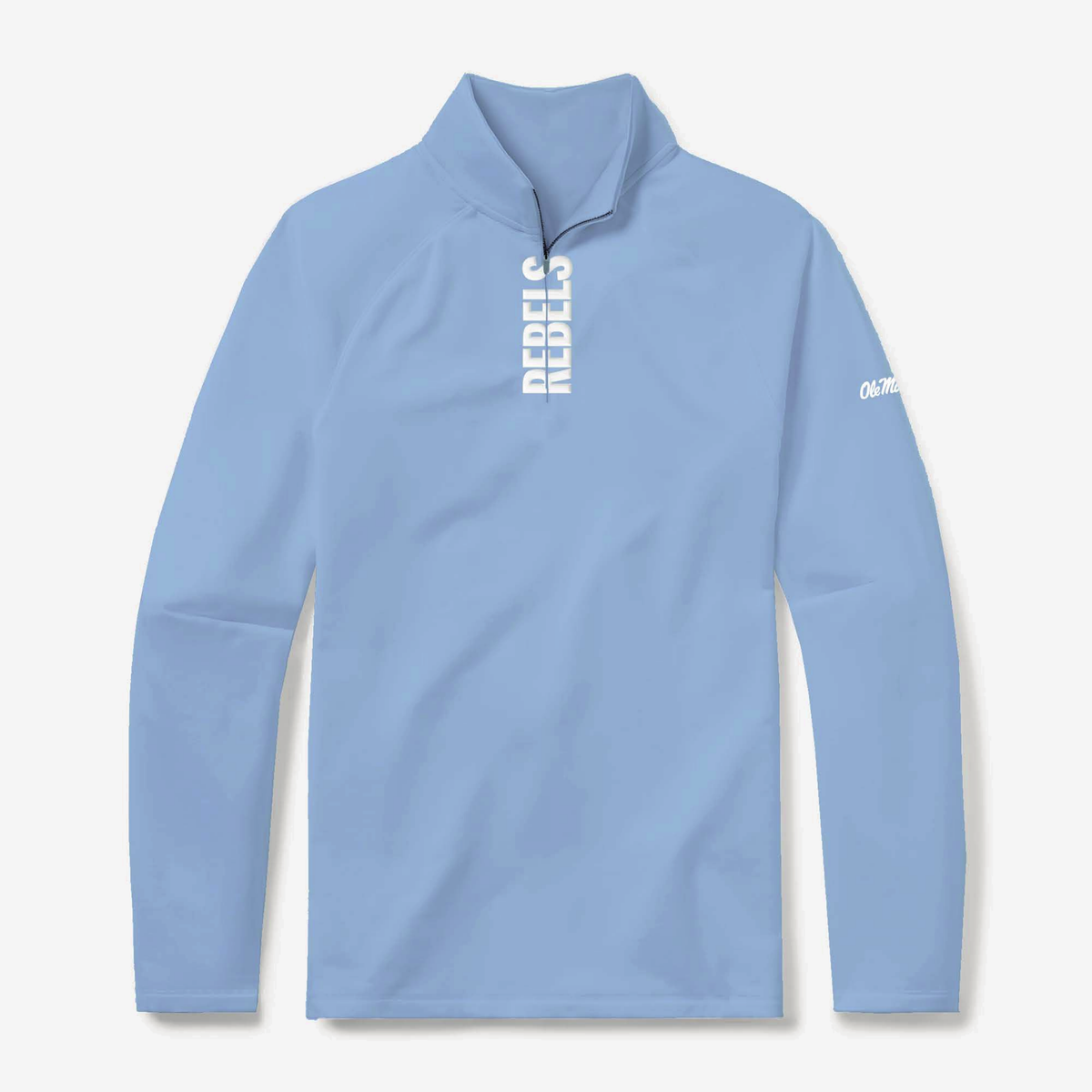 Ole Miss Rebels powder blue quarter zip pullover, front, with white Rebels lettering down the zip