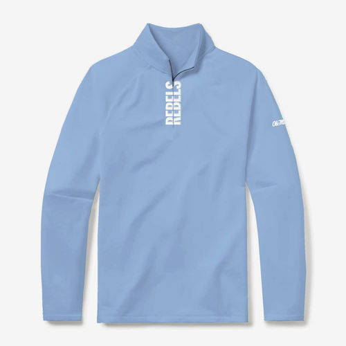 Ole Miss Rebels powder blue quarter zip pullover, front, with white Rebels lettering down the zip