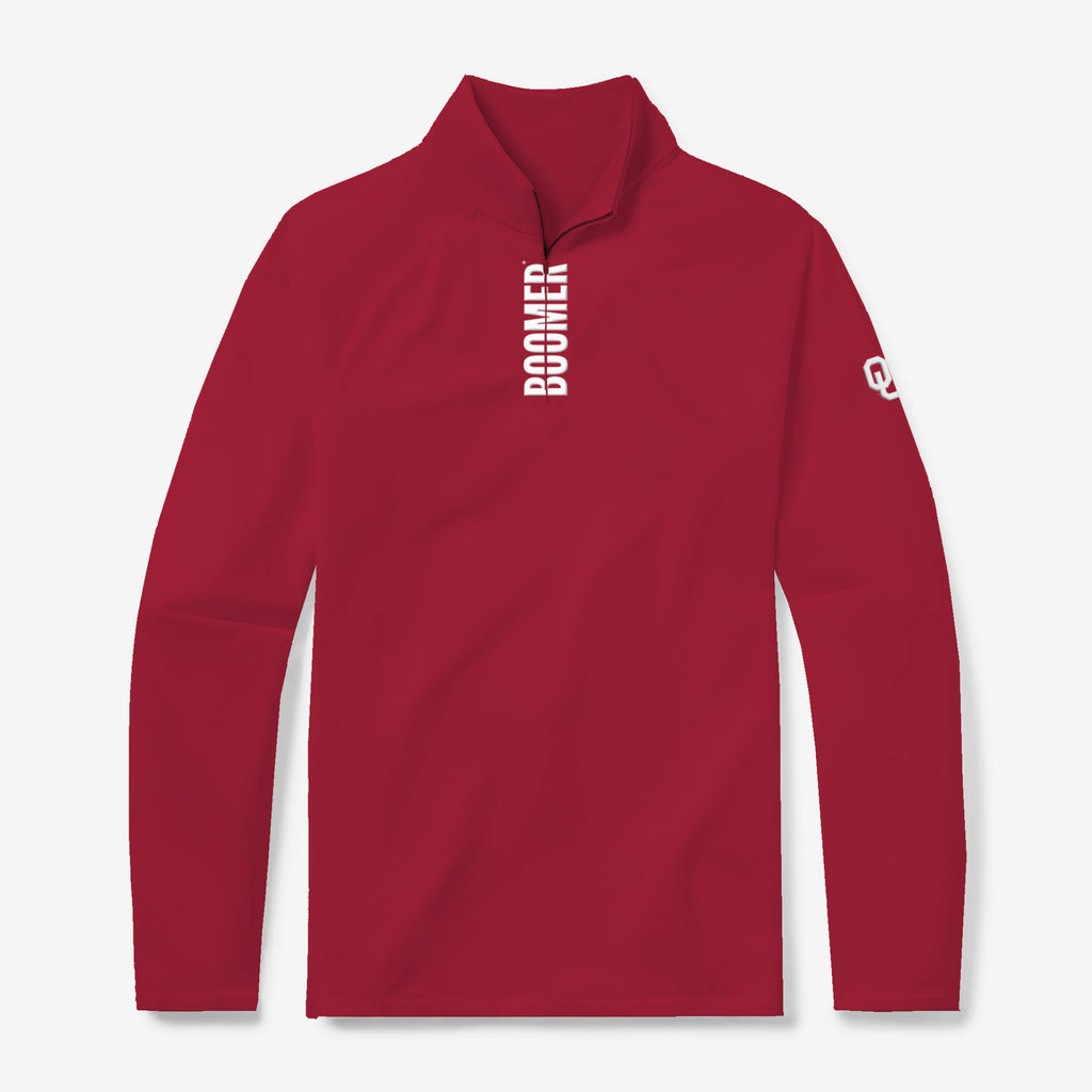 Oklahoma Sooners crimson quarter zip with white Sooners lettering by GMDY front view