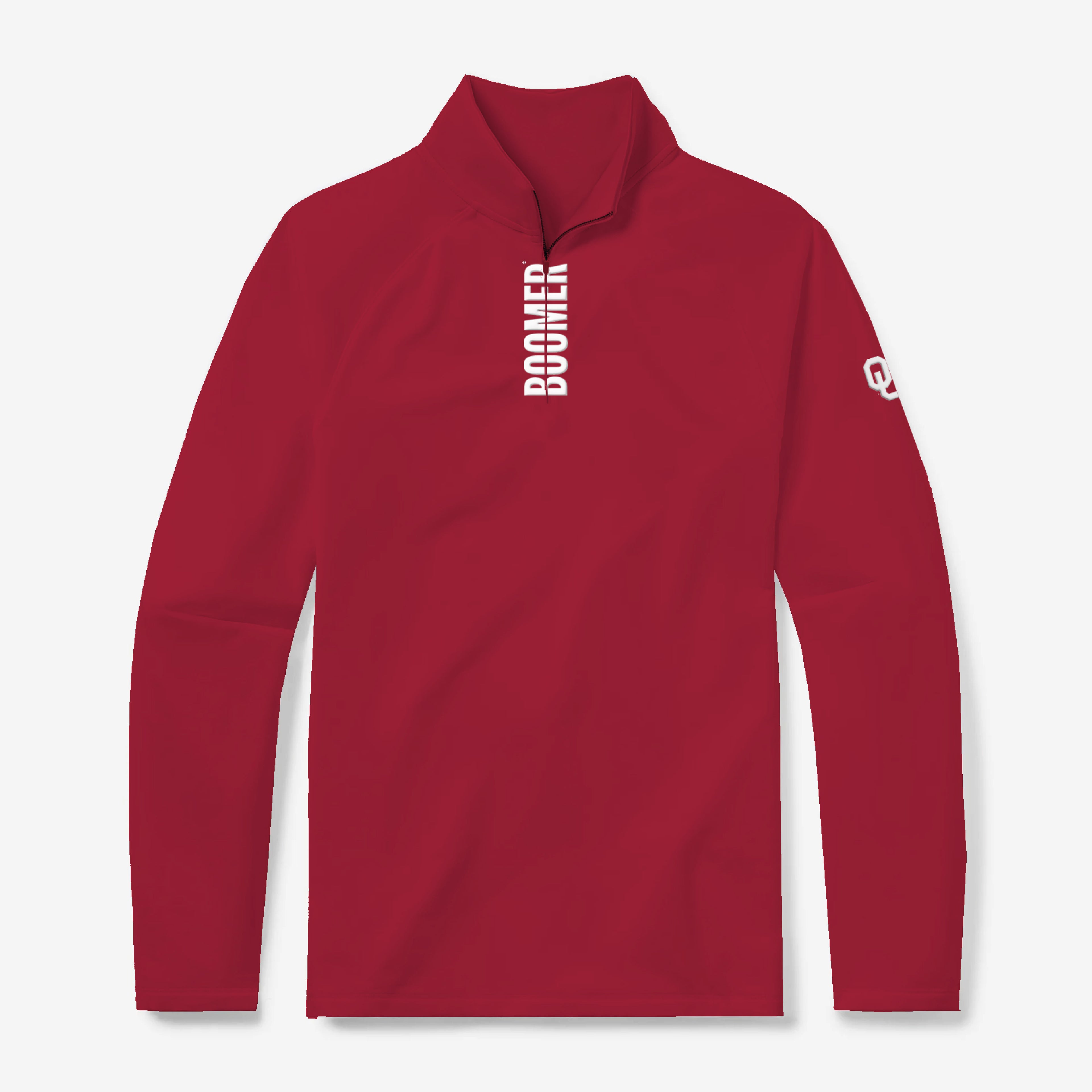 Oklahoma Sooners crimson quarter zip with white Sooners lettering by GMDY front view