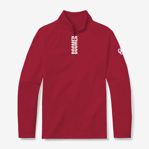 Oklahoma Sooners crimson quarter zip with white BOOMER lettering by GMDY front view