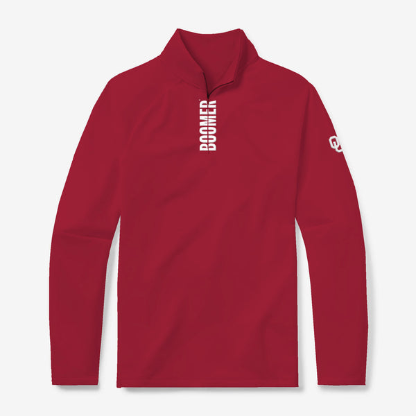Oklahoma Sooners crimson quarter zip with white Sooners lettering by GMDY front view