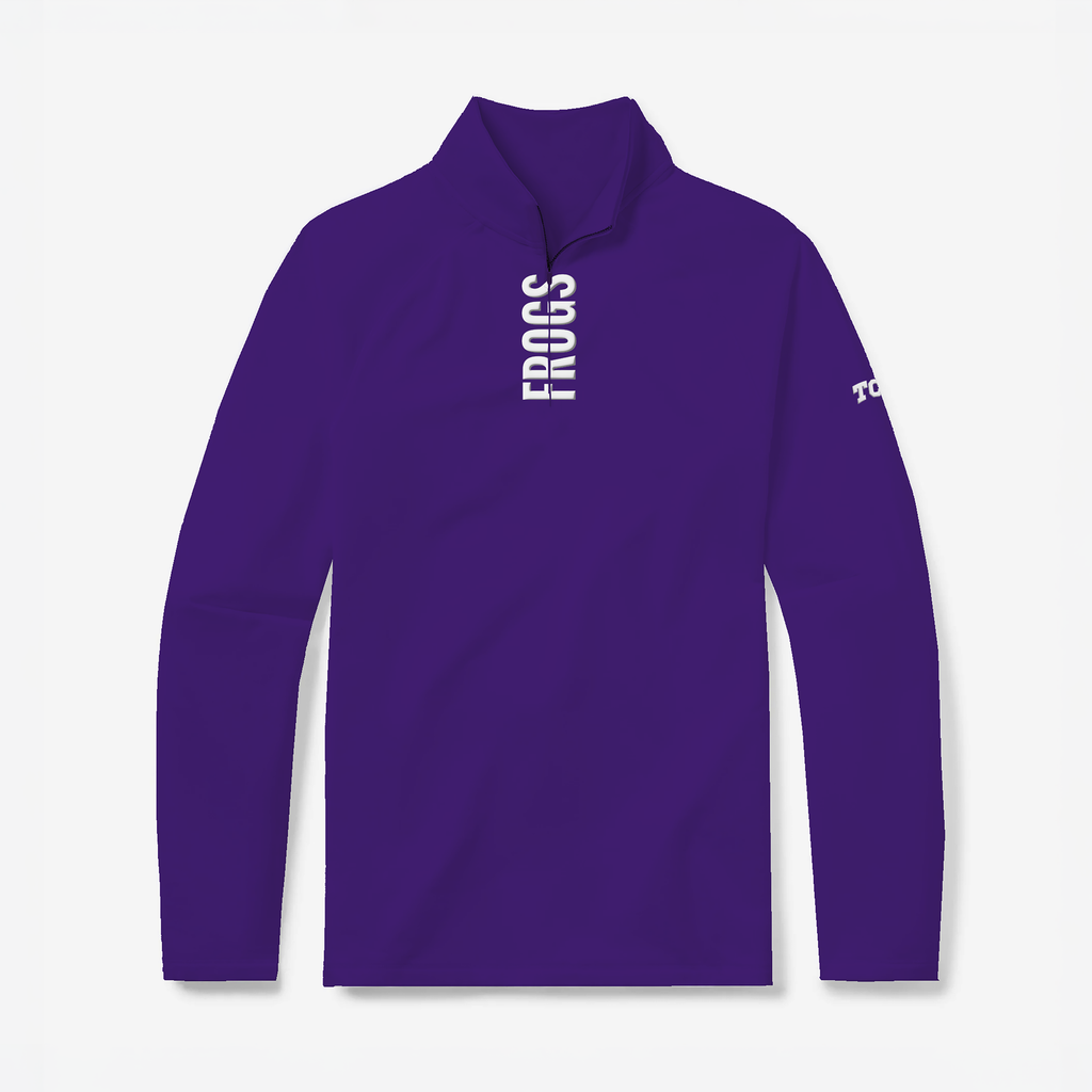 TCU Horned Frogs purple quarter zip with white Frogs lettering by GMDY front view