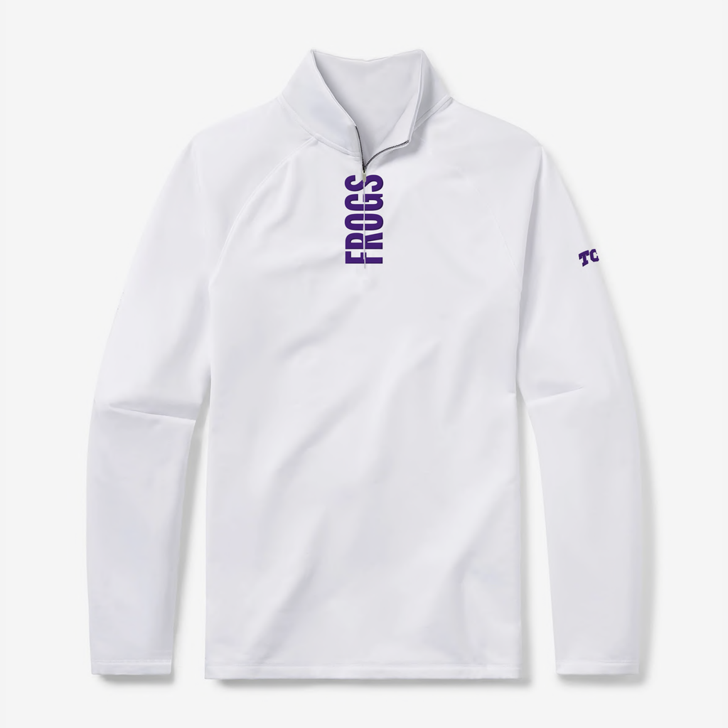 TCU Horned Frogs white quarter zip with purple lettering by GMDY front view