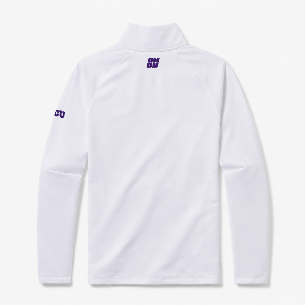 TCU Horned Frogs white quarter zip with purple lettering by GMDY back view