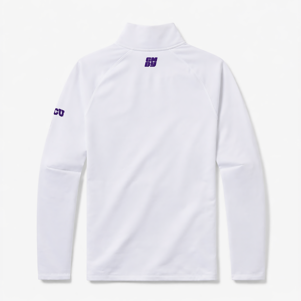 TCU Horned Frogs white quarter zip with purple lettering by GMDY back view