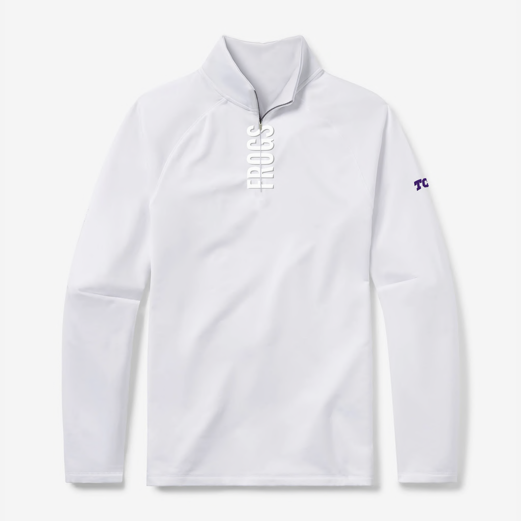 TCU Horned Frogs white quarter zip with white lettering by GMDY front view