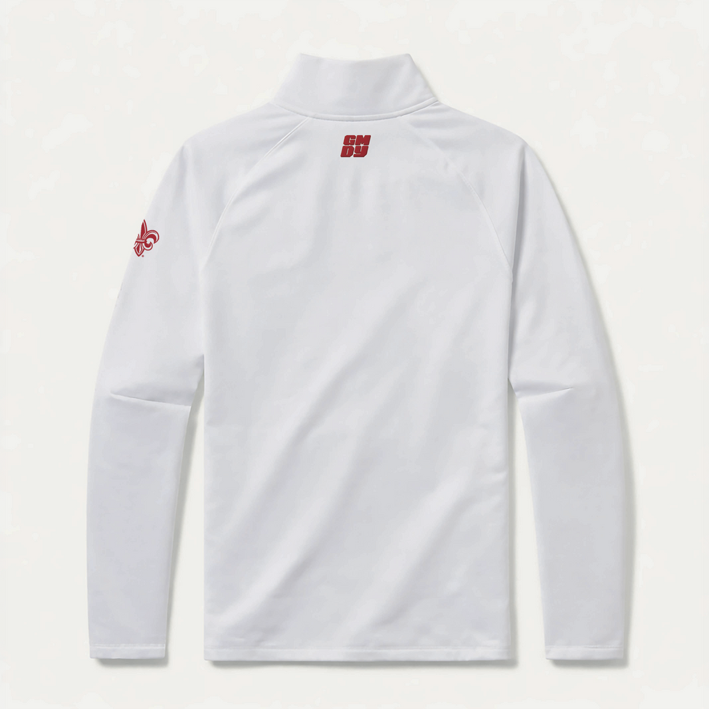 UL Lafayette quarter zip back view showing GMDY logo - white Ragin Cajuns collegiate pullover by GMDY