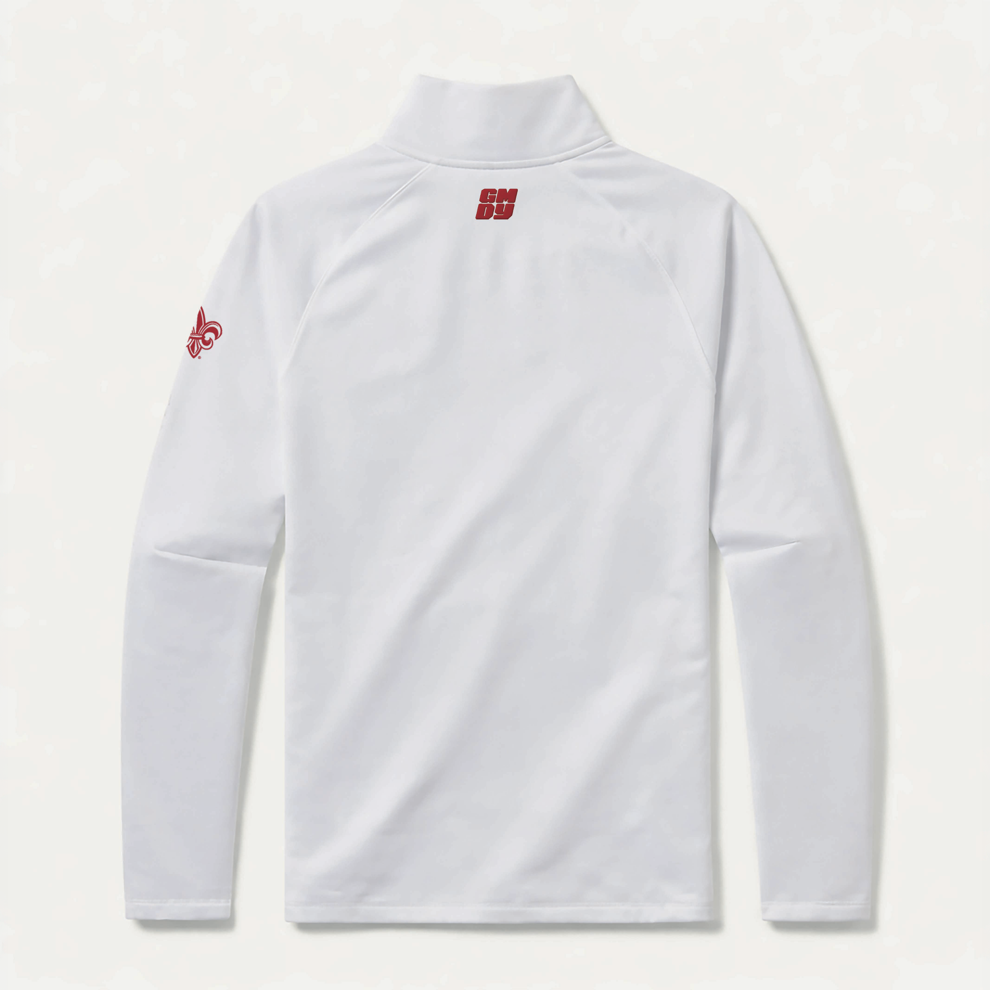 UL Lafayette quarter zip back view showing GMDY logo - white Ragin Cajuns collegiate pullover by GMDY