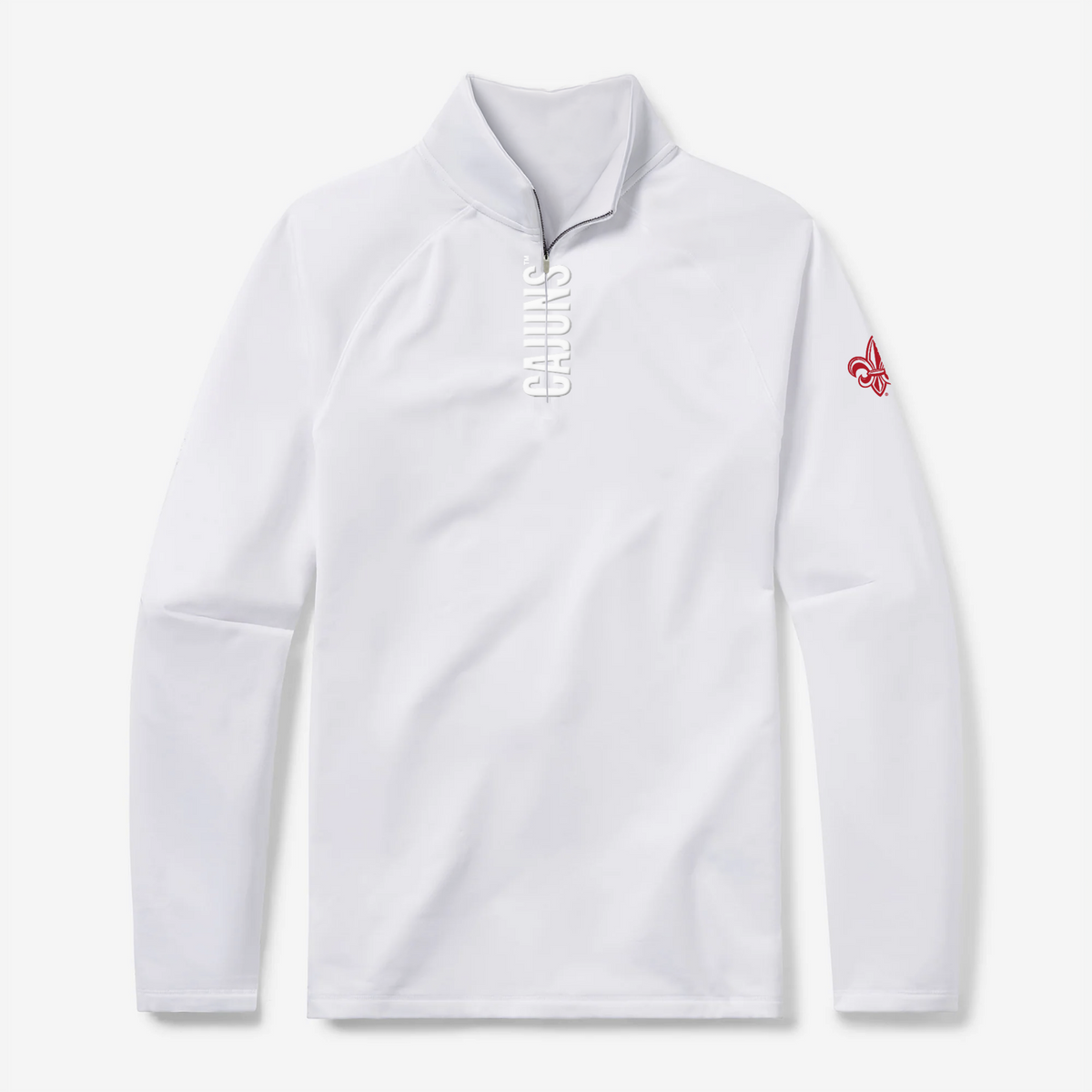 UL Lafayette quarter zip pullover in white with red Ragin Cajuns lettering - front view - GMDY collegiate apparel