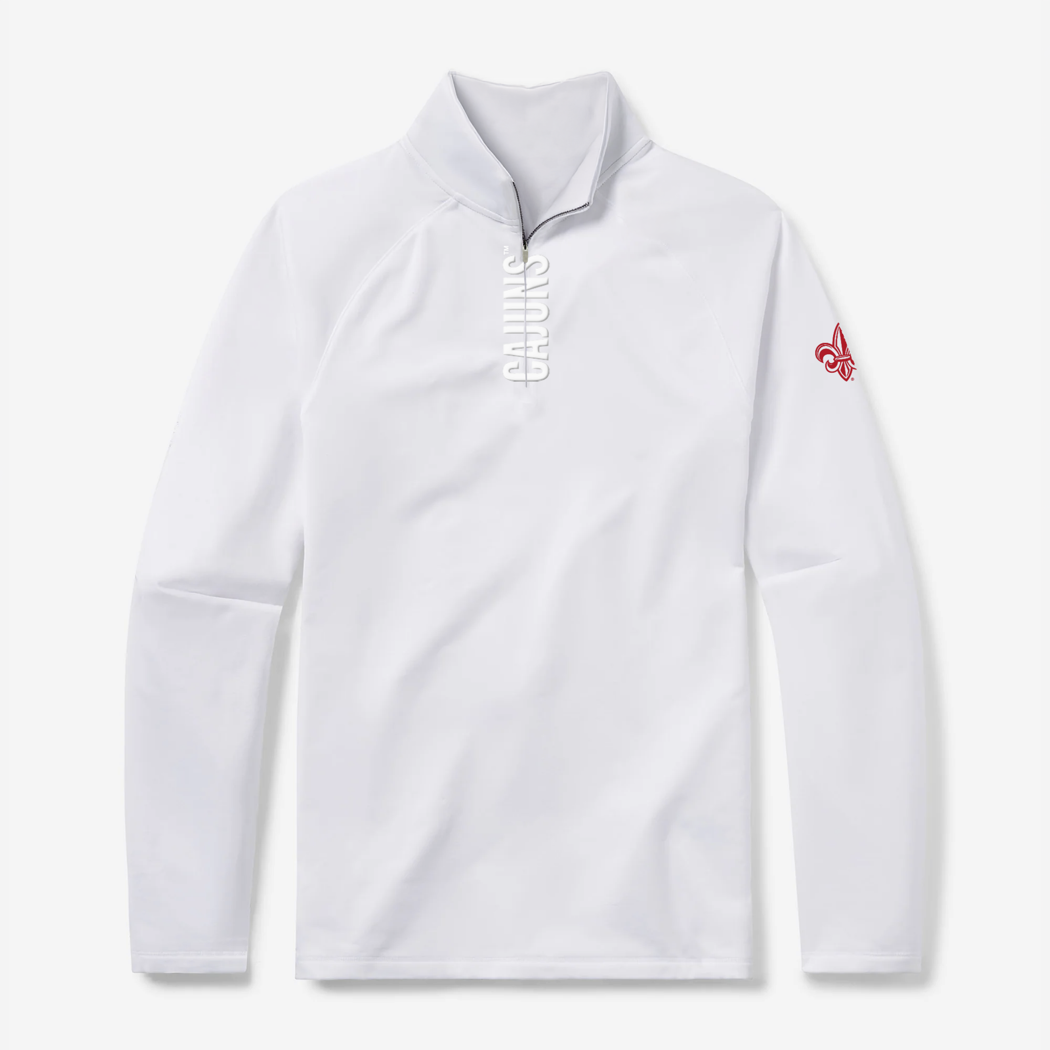 UL Lafayette quarter zip pullover in white with red Ragin Cajuns lettering - front view - GMDY collegiate apparel