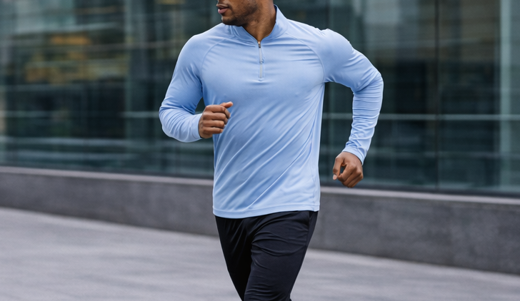 Person running outdoors wearing a light blue athletic long-sleeve shirt and dark pants.