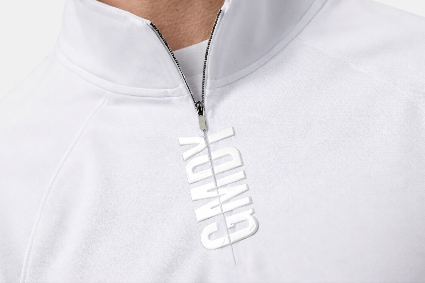 GMDY white quarter zip pullover close-up zipper detail